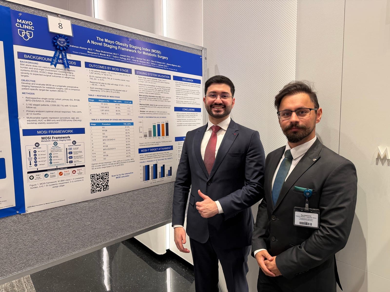 Dr. Abdulrahman Alomar and Dr. Reza Shahriarirad beside the MOSI poster, marked with a Poster of Distinction ribbon.